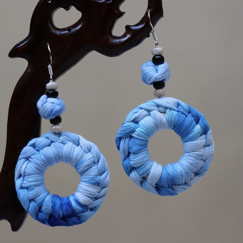 Ethnic Style Blue Dyed Handmade Fabric Earrings