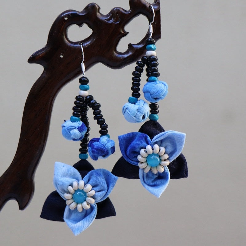 Ethnic Style Blue Dyed Handmade Fabric Earrings