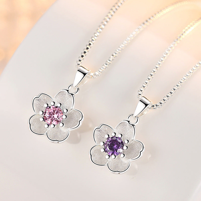 Handmade 925 Sterling Silver Cute Peach Blossom Pendant Necklace