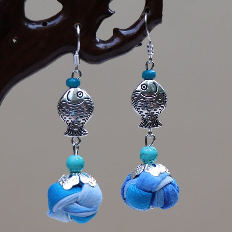 Ethnic Style Blue Dyed Handmade Fabric Earrings