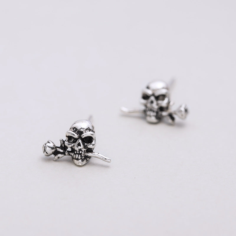 Vintage Handmade Old Skull Rose Earrings In Sterling Silver