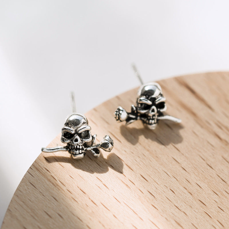 Vintage Handmade Old Skull Rose Earrings In Sterling Silver