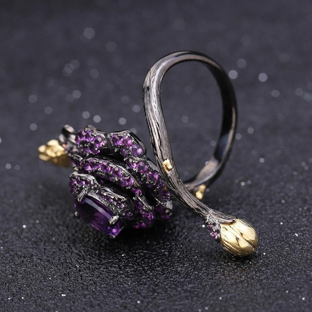 Handmade Silver Amethyst Rose Garland Adjustable Ring