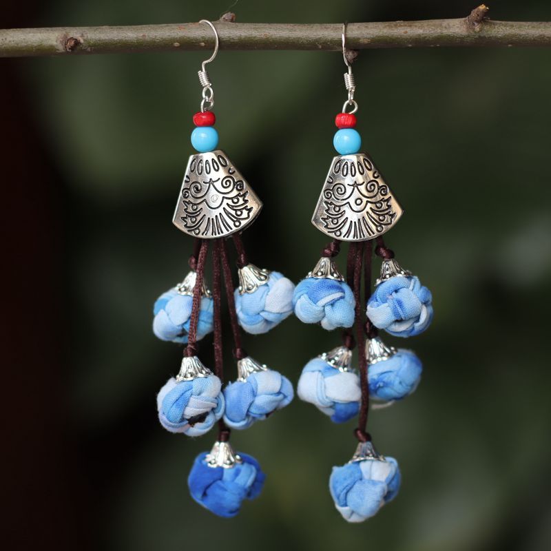 Ethnic Style Blue Dyed Handmade Fabric Earrings