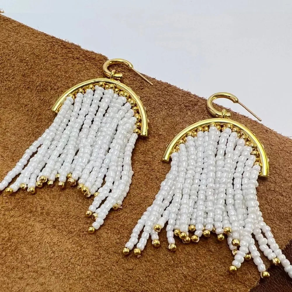 Bohemian Style White Bead Tassel Earrings