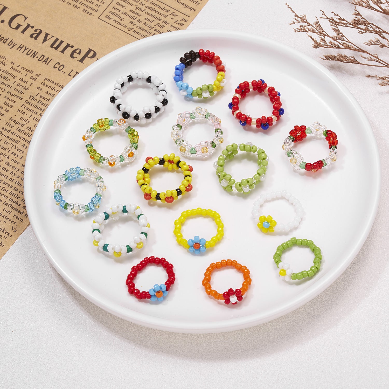 Handmade Beaded Colorful Woven Small Flower Ring