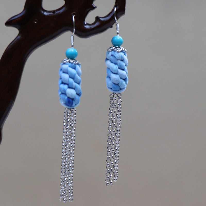 Ethnic Style Blue Dyed Handmade Fabric Earrings