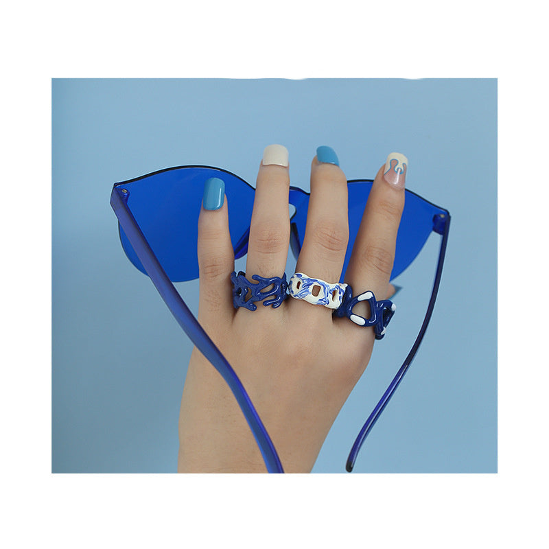 Handmade Dripping Oil Klein Blue Ring Women