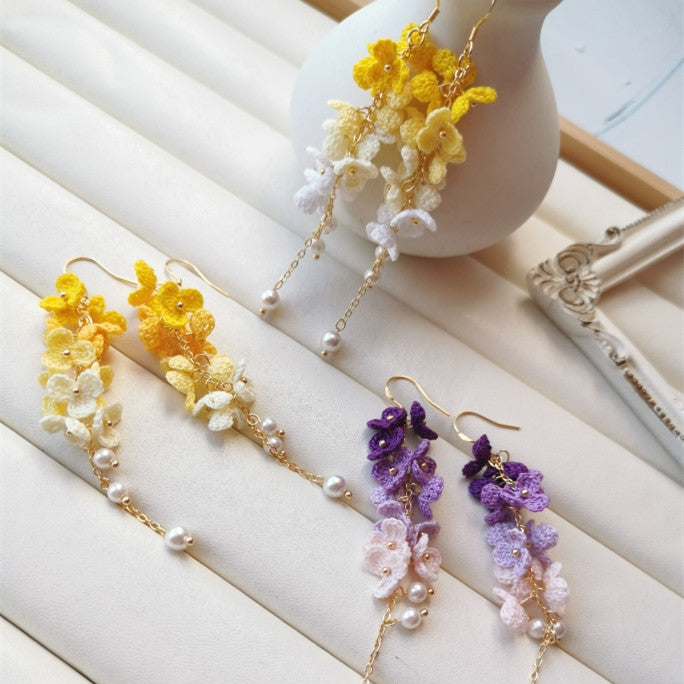 Handmade Lace Thread Micro Crochet Crushed Flower Earrings