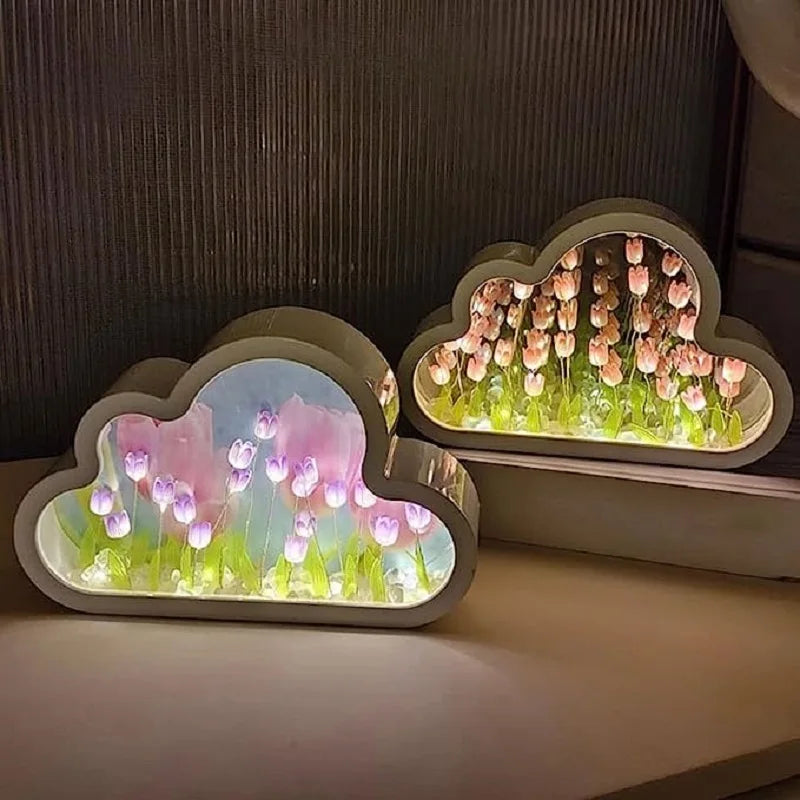 DIY Wolke Spiegel Tulpenlampe Simulation Blume Schlafzimmer Schlaftischlampe Handarbeit Handwerk Tulpen Spiegel Nachtlicht Geburtstagsgeschenk 