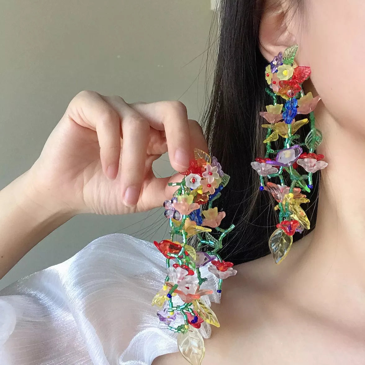 Lifefontier Bohemia Resin Transparent Colorful Flower Long Tassel Earrings for Women Handmade Beaded Hanging Earrings Jewelry