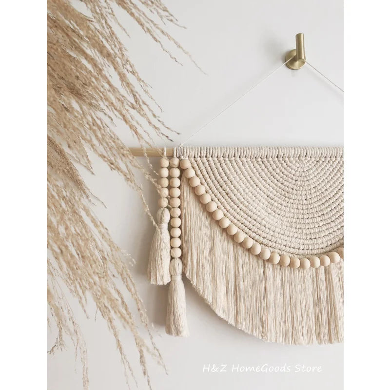 Macrame Wall Hanging Tapestry with Wood Beads and Tassels Handmade Woven Home Office Nursery Decor Bedroom Livingroom Decration