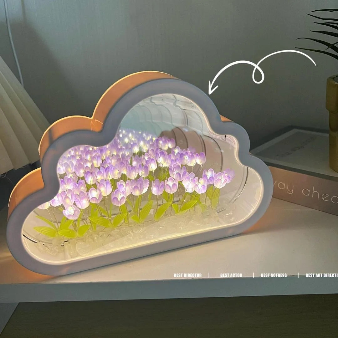 DIY Wolke Spiegel Tulpenlampe Simulation Blume Schlafzimmer Schlaftischlampe Handarbeit Handwerk Tulpen Spiegel Nachtlicht Geburtstagsgeschenk 