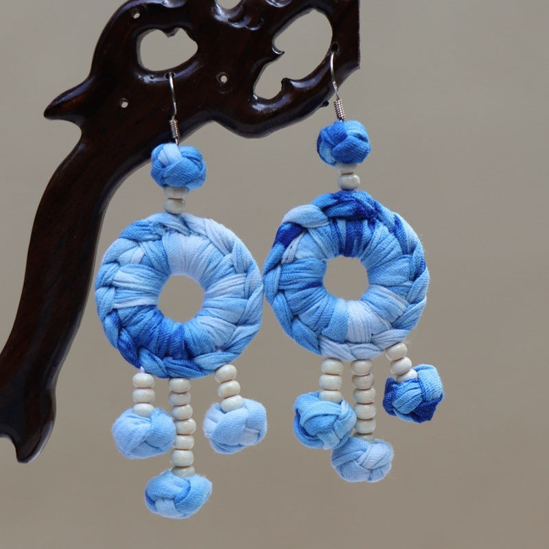 Ethnic Style Blue Dyed Handmade Fabric Earrings